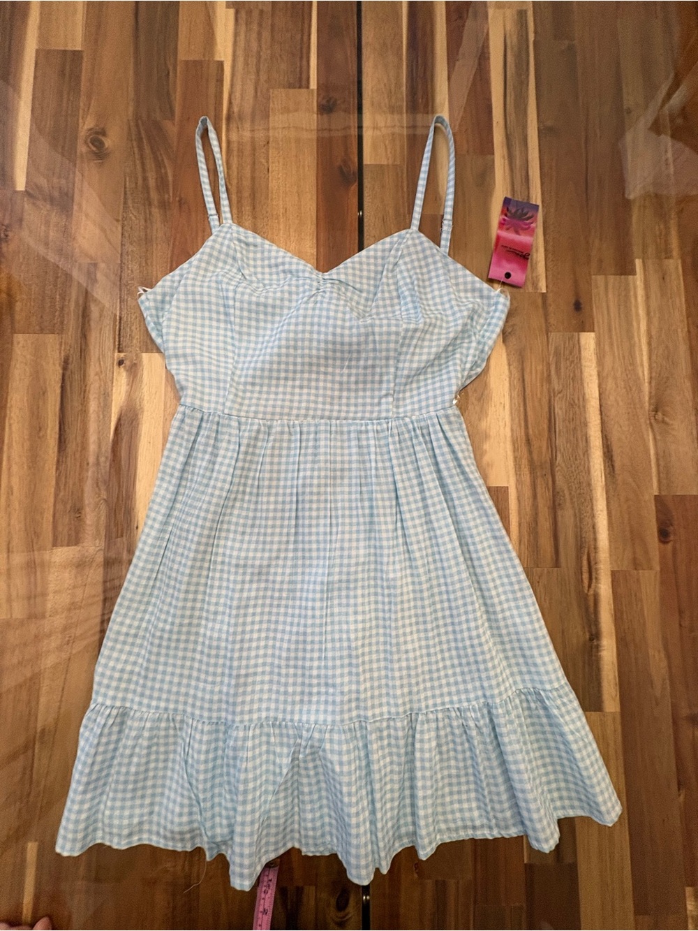 NWT Sz S Tiered Sweetheart Neck Light Blue Gingham Spaghetti Strap Dress Tie Bac